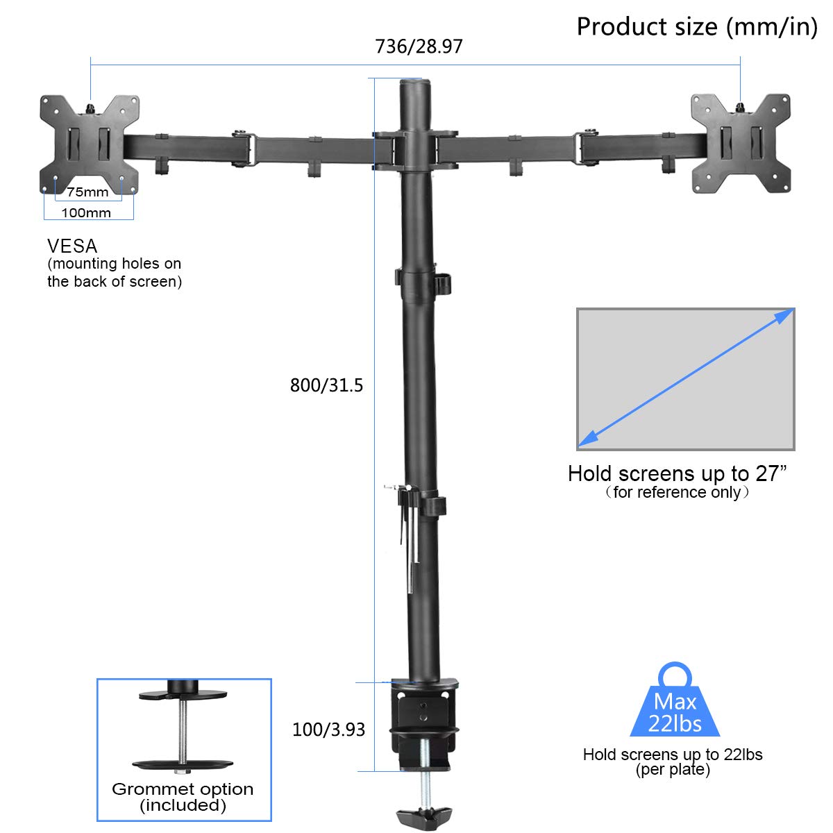 Dual Monitor Stand, Tall Monitor Arm Dual for 1327 inch LCD LED PC