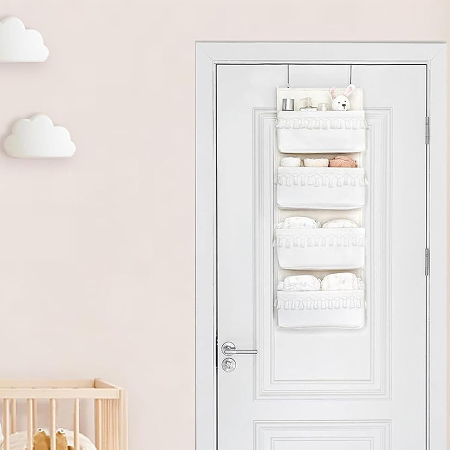 Over The Door Organizer Hanging, 4 Pockets Boho Nursery Decor Over Door Storage Hanging Storage Organizer Behind The Door Storage With Tassels Decoration For Bedroom Nursery Dorm Toys (beige)