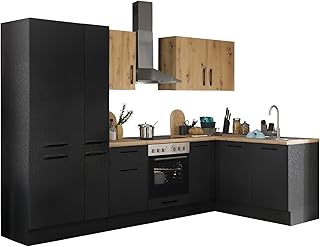 Stella Trading Turin L Eckküche 300 x 211 x 60 cm, schwarz - Ohne Küchengeräte - Moderne, geräumige Küche in Artisan-Eiche Optik mit viel Stauraum