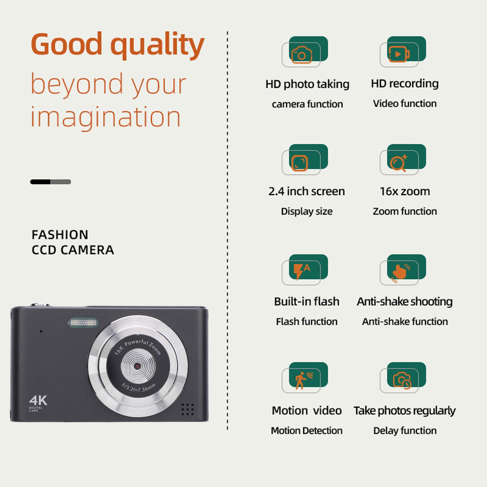 Camera digitale 4K, fotocamera da vlogging da 48 MP, fotocamera di registrazione video Zoom Anti Shake 16x per paesaggio, ritratto, sport, aereo (Nero)
