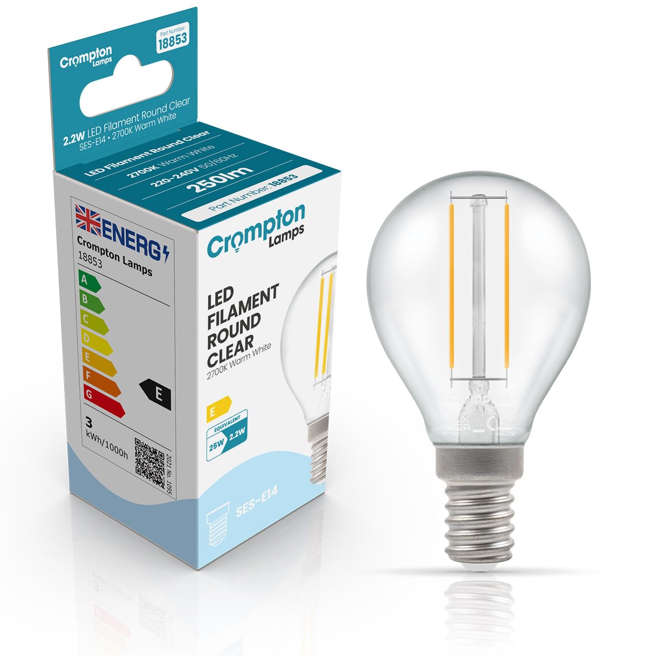 Crompton Lamps Filament Golfball LED Light Bulb SES-E14 | 2.2W = 25W Equivalent | Warm White 2700K | Energy Efficient | Small Screw Lightbulb | Long Life 15,000-Hrs | Clear Glass โ image 1