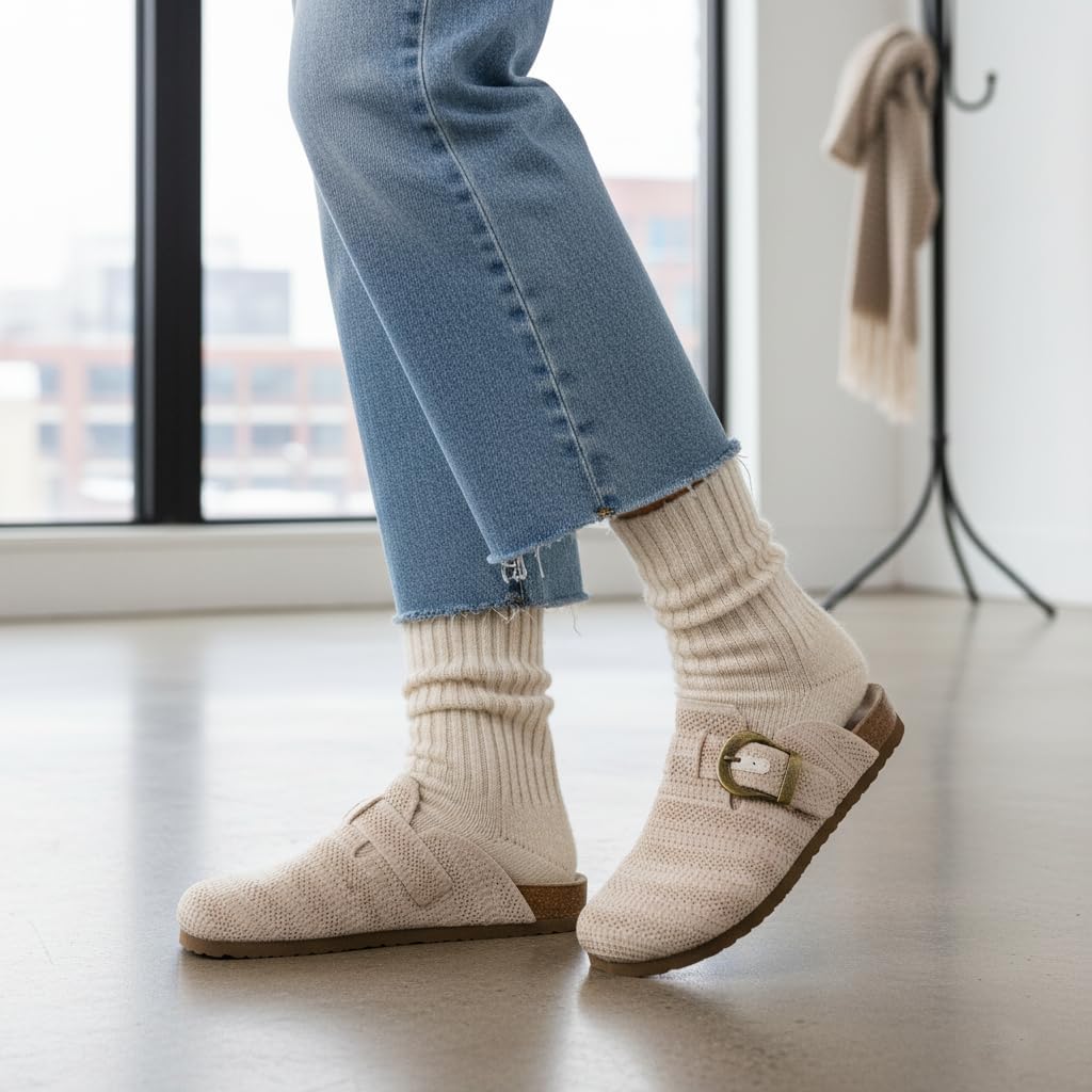 CUSHIONAIRE Dumbo Slip-On Clogs for Women with Textured Knit Upper, Adjustable Buckle, and Cushioned Footbed – Stylish and Comfortable Women's Shoes