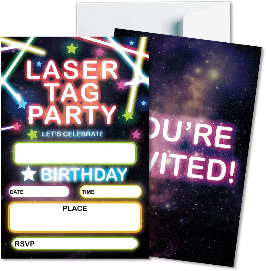 Laser Tag Theme Party Birthday Party Invitation Cards - Teens, Kids, Boys and Girls, Birthday Party Celebration Party Supplies Favors, 20 Cards with 20 Envelopes (JRM381)