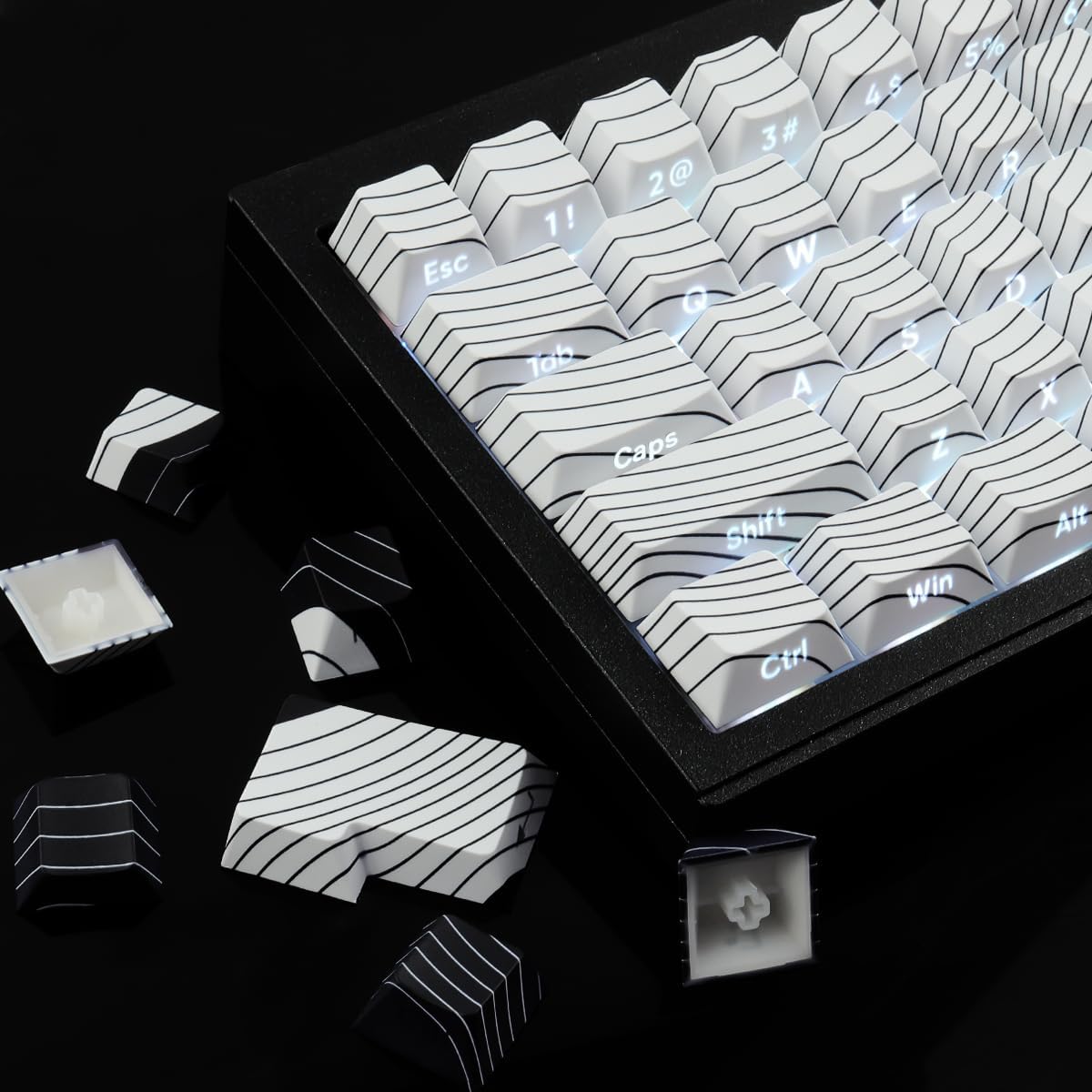 Tsungup PBT Keycaps,White & Black Topographic 128 Keys Shine Through Side Print Keycaps 75 Percent,Dye-Sub Custom Cool Keycap Set Cherry Profile Key caps for Gateron MX Switches Mechanical Keyboard
