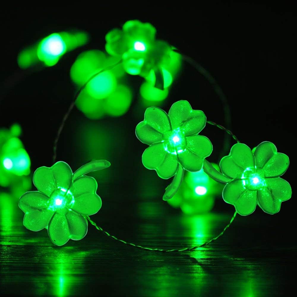 BOHON Decorative Lights Shamrocks LED String Lights Battery Operated with Remote 10 ft 40 LEDs Lucky Clover Handmade String Lights for Bedroom Party Feast of St. Patrick's Day Green Decoration