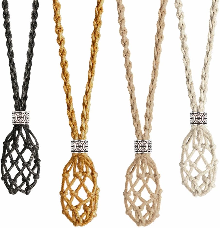 FANASY 4 PCS Crystal Cage Necklace Holder Empty Stone Holder Replacement Hand-Woven Cord with Adjustable Length