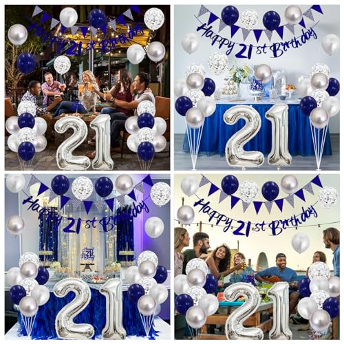 Image of 21st Birthday Decorations for Him Her, Happy 21st Birthday Banner with Blue Silver 21st Balloons Cake Topper Number 21 Foil Balloon for Men Women 21 Year Old Party Decoration