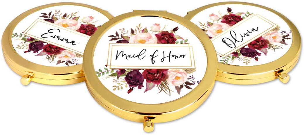 Andaz Press Gold Compact Mirror Bridesmaid's Gift, Maid of Honor, Fall Autumn Burgundy Flowers with Frame, 1-Pack, Wedding Gifts Ideas for Maid of Honor