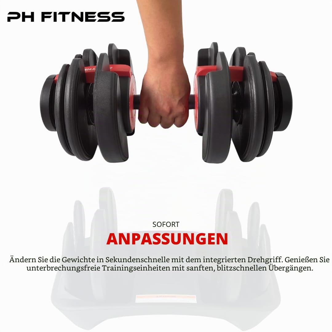 PH Fitness Premium Verstellbares Kurzhantel Set 24kg – 15-in-1 Einhand-Drehung – Kompaktes Hantel-Duo für Home Gym – 2,5–24kg – Platzsparendes Krafttrainingsgerät