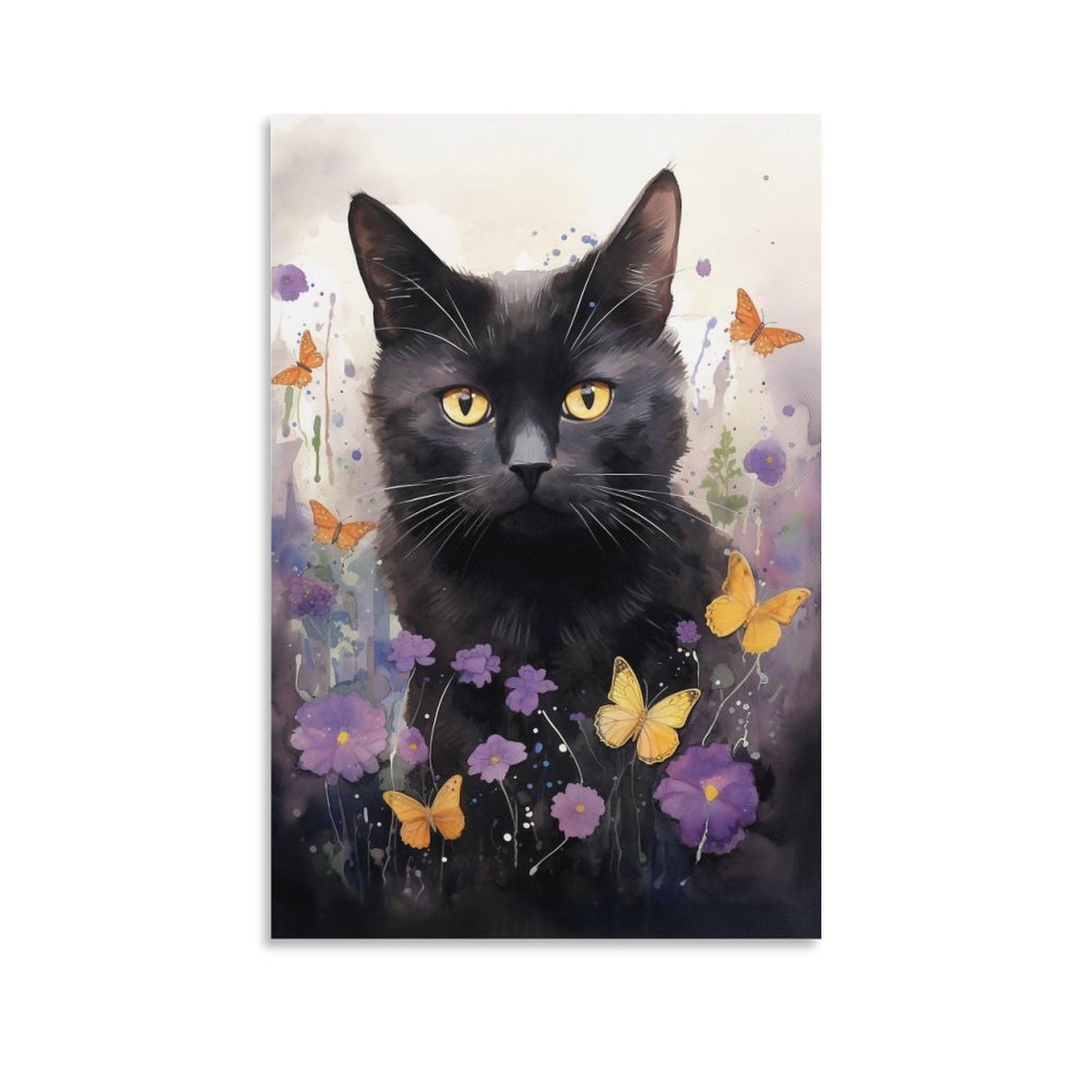 FOCCAR Beautiful Kitten Canvas Wall Decor Modern Flower Black Cat Poster Wall Art for Living Room Bedroom Artwork