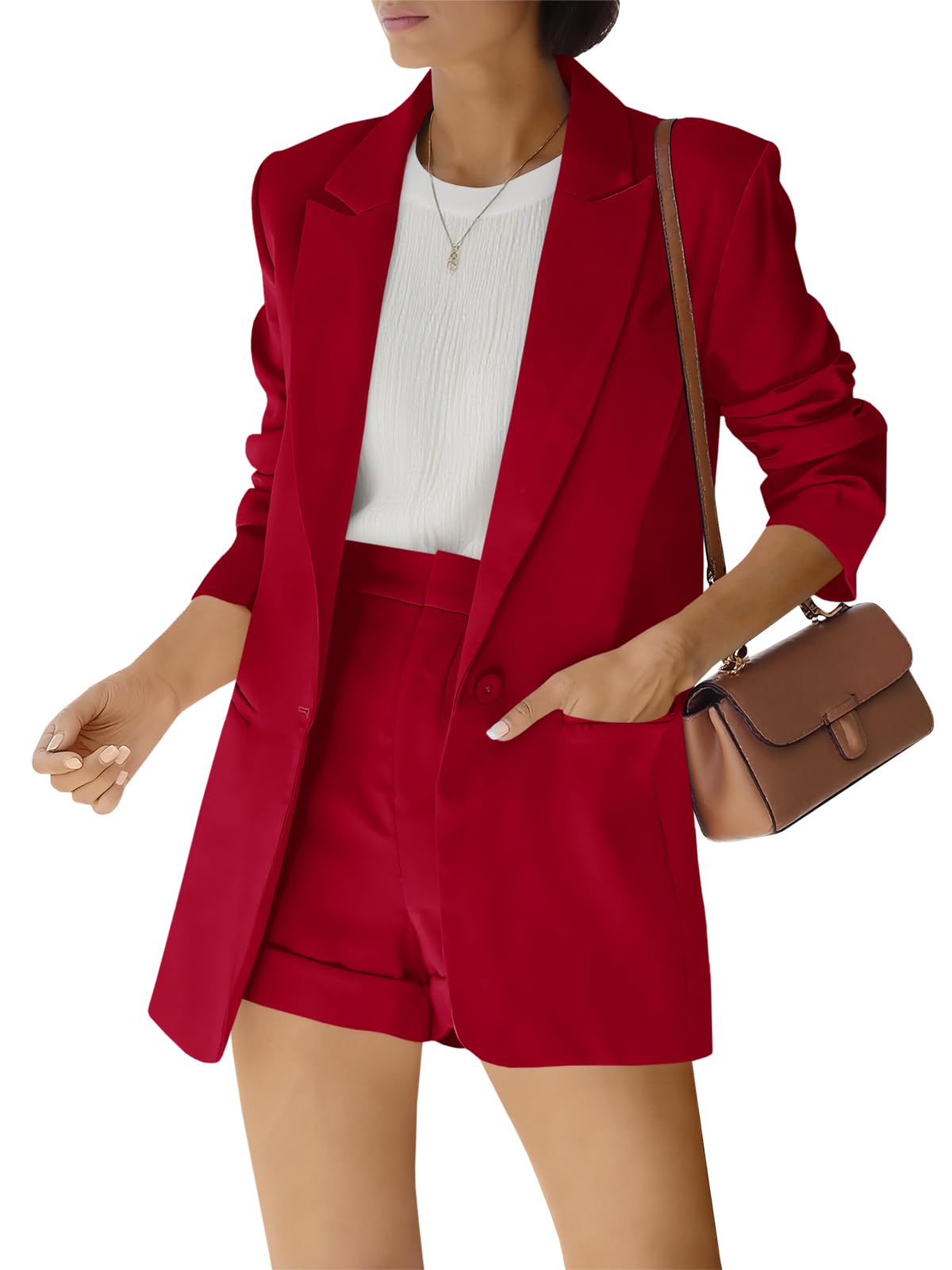 Women's 2 Piece Open Front Long Sleeve Blazer and Solid Short Pants Suit Sets