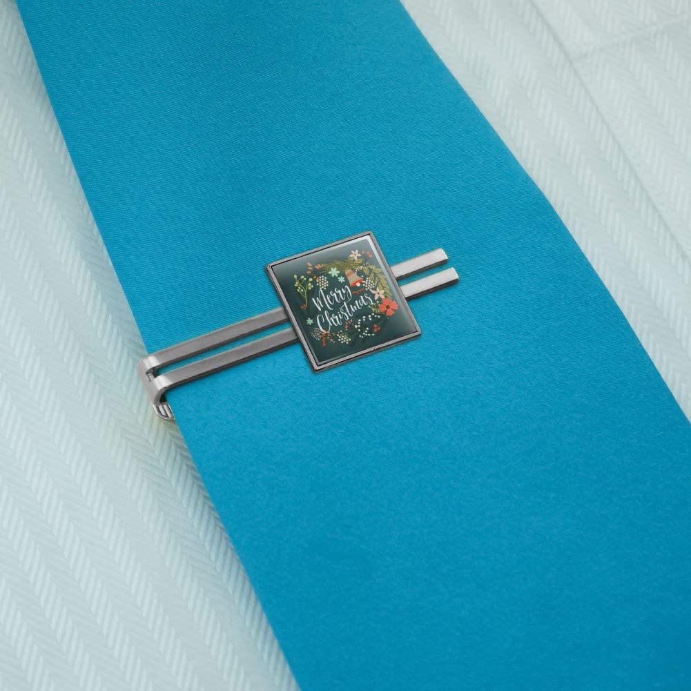 GRAPHICS & MORE Merry Christmas Wreath Mistletoe Bell Square Tie Bar Clip Clasp Tack- Silver or Gold