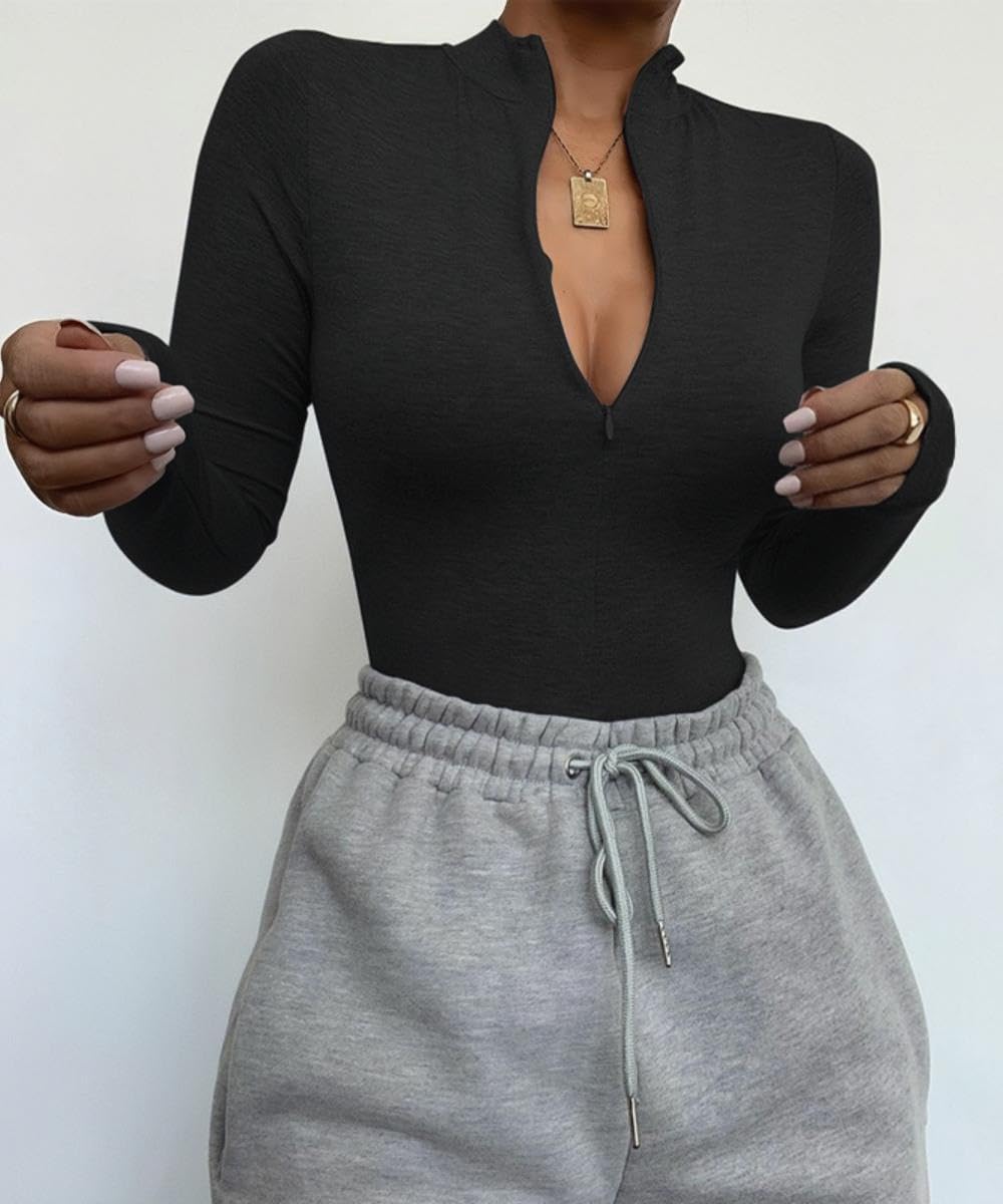 Body damskie z długim rękawem, seksowny golf, dekolt w serek, body slim fit, kombinezon z zamkiem błyskawicznym z przodu, rozciągany, trykot, szykowny garnitur, codzienny ubiór