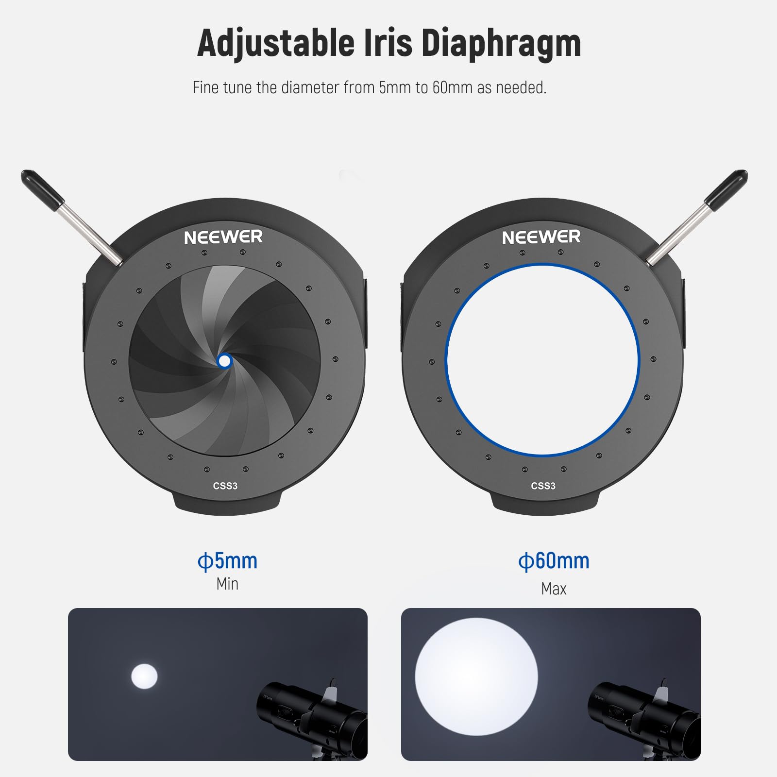 NEEWER Obturateur à Diaphragme pour Projecteur LS-300, Diaphragme à Lame à Ouverture Réglable de 5 à 60mm, Résistant à la Chaleur, pour Éclairage Continu de Studio, Contrôle de Spot Vidéo LED, CSS3