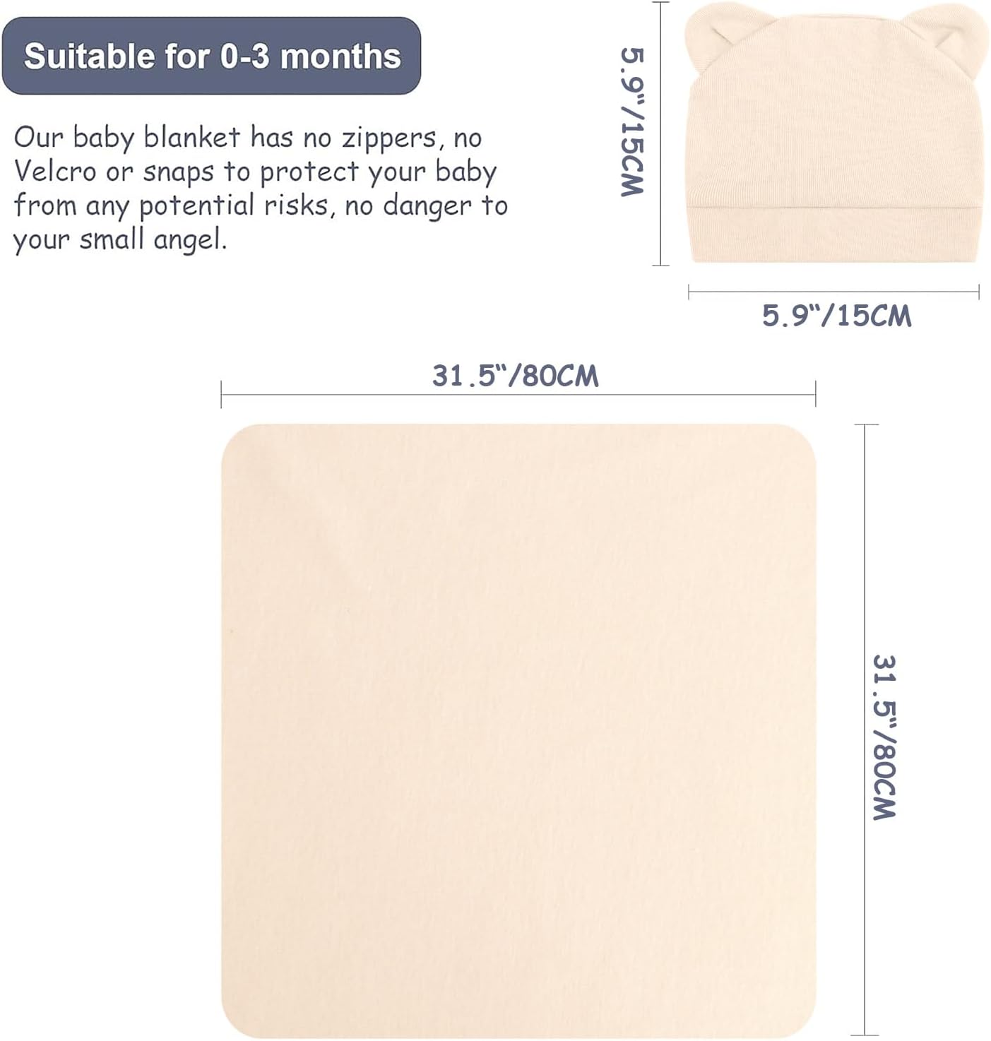 AQOKKA 3 Sets Cotton Baby Swaddle Blankets Wrap with Cute Bear Ears Hats Elastic Mittens Wooden Birth Announcement Card Soft Nursery Receiving Swaddles for Newborn Infant Girl Boy 0-3 Months