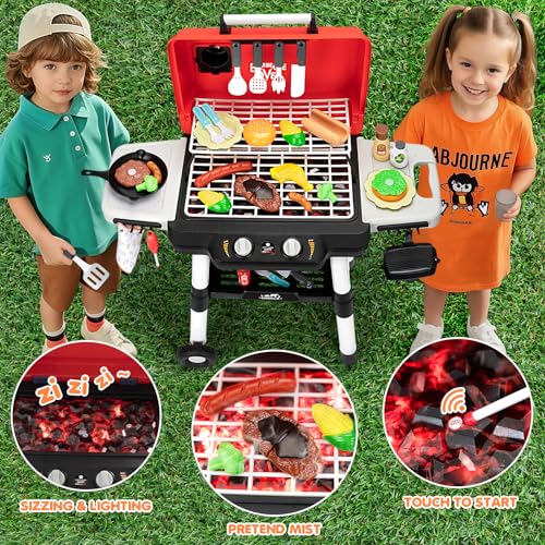 Kids Play Kitchen Toys, Kids BBQ Grill Playset with Smoke Sound Light, 2-Layer Barbecue Toy with Wheels, Outdoor Play Food Toys Cooking Set for Toddlers 3-5, Birthday for Boys Girls - Image 6