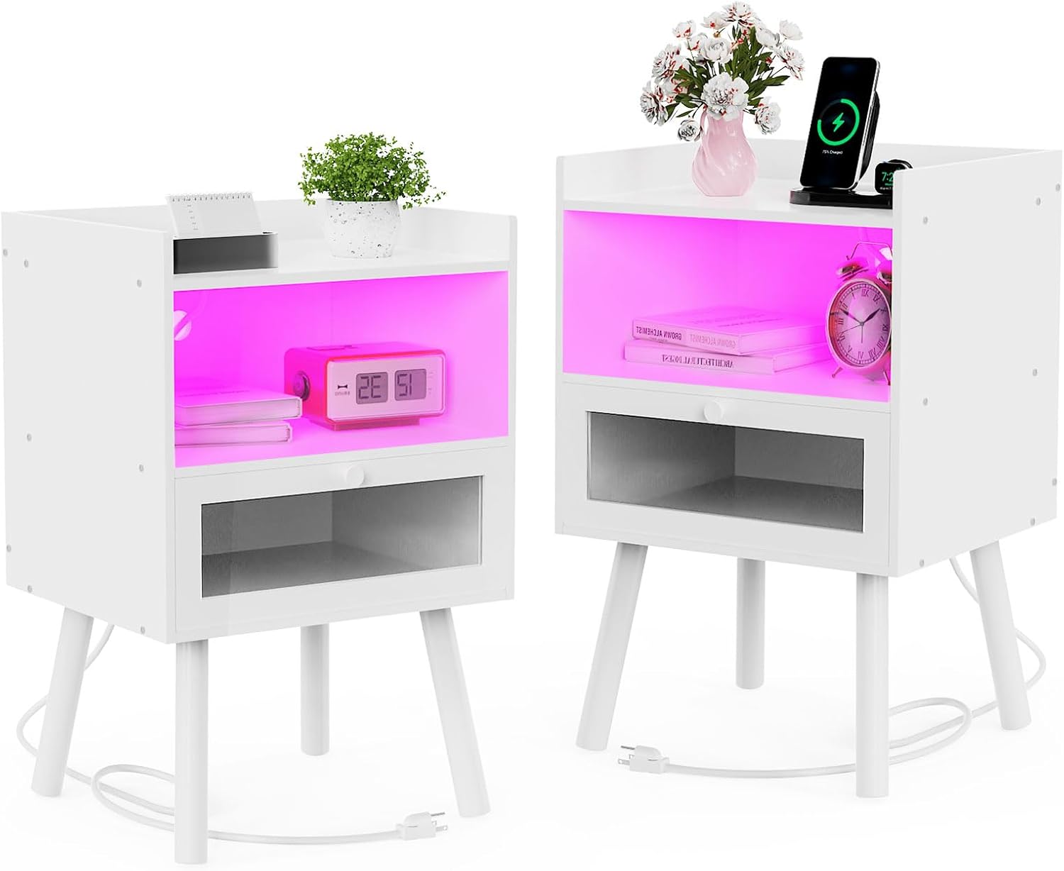 Night Stand Set of 2, Nightstand with Charging Station, LED Nightstands with USB Ports and Outlets, End Side Table with Acrylic Decorative Door, Bedside Tables for Bedroom Living Room, White