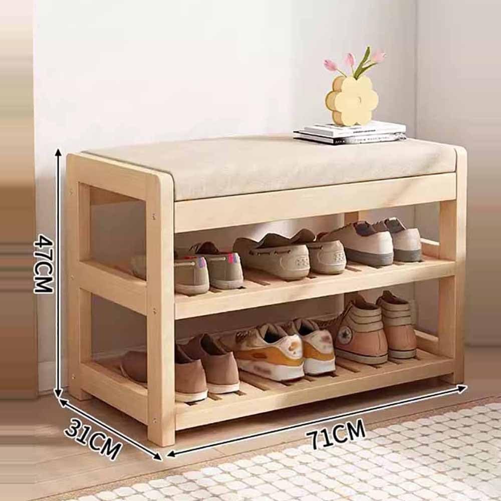Zapatero de bambú con cojín, 2 Niveles, Capacidad de 80 kg, Elegante Mueble de Entrada para Pasillo, Dormitorio y Sala de Estar - 61 x 31 x 47 cm