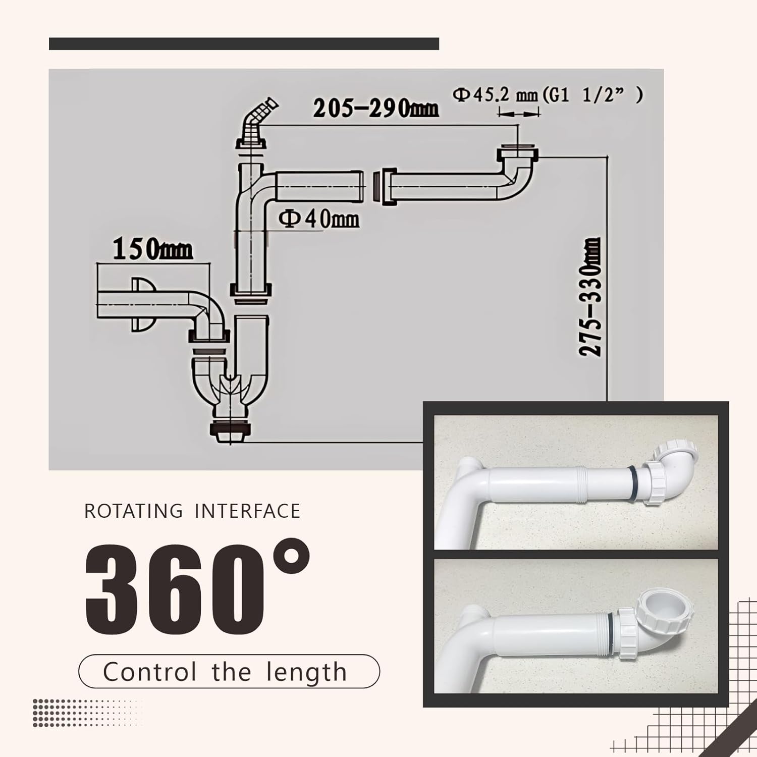 1/2” Sink Drain Pipe Kit, Kitchen Sink Drain Pipe Kit with P Trap, Bathroom Sink Drain Kit, Odor Resistant Flexible Plumbing Pipe, Easy Installation & Replacement(white)