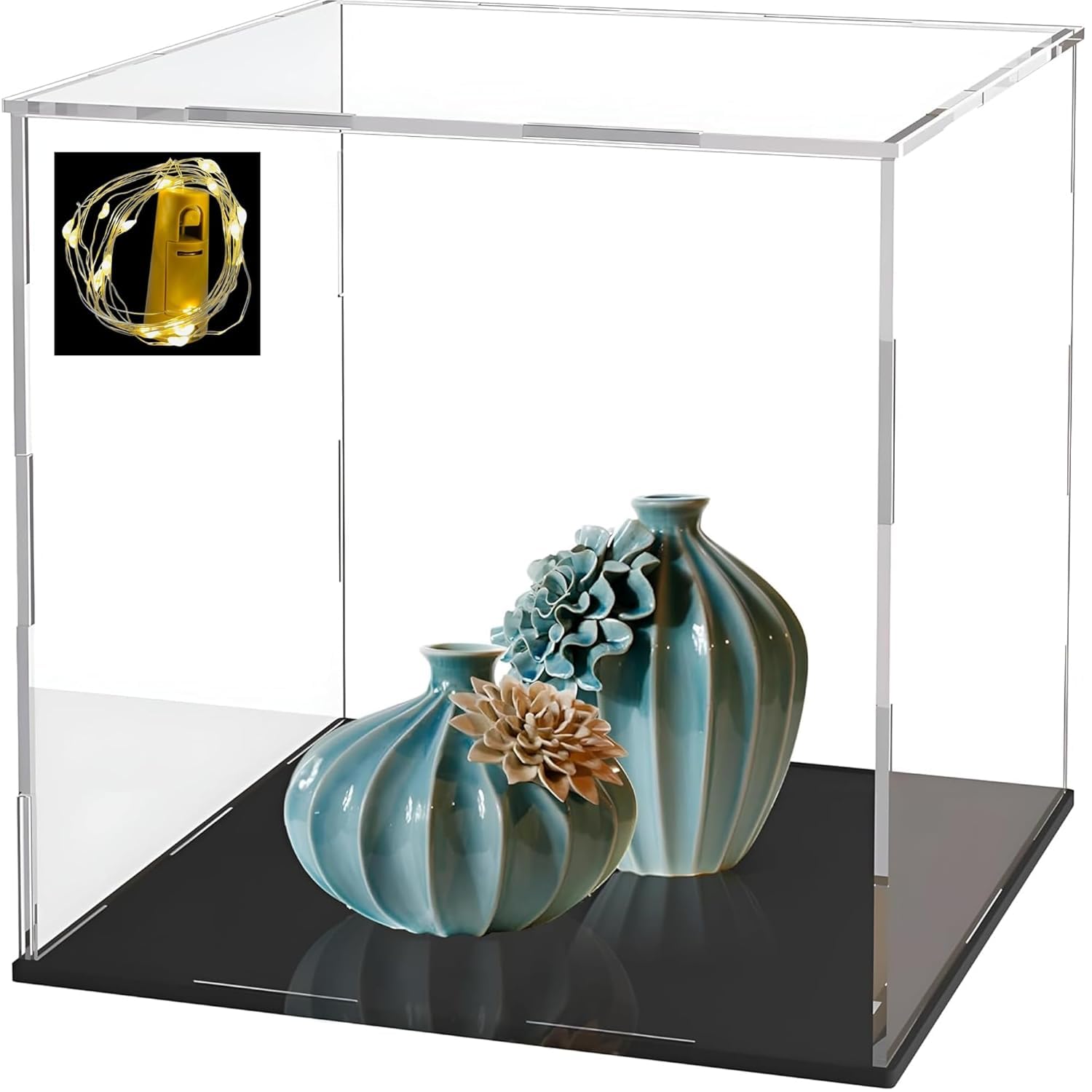 Acrylic Display Case with LED Light, 5x5x5 Inches Self Assemble Clear Box with Black Base, Dustproof Case with Lid for Collectibles, Trophy and Toys-image-35