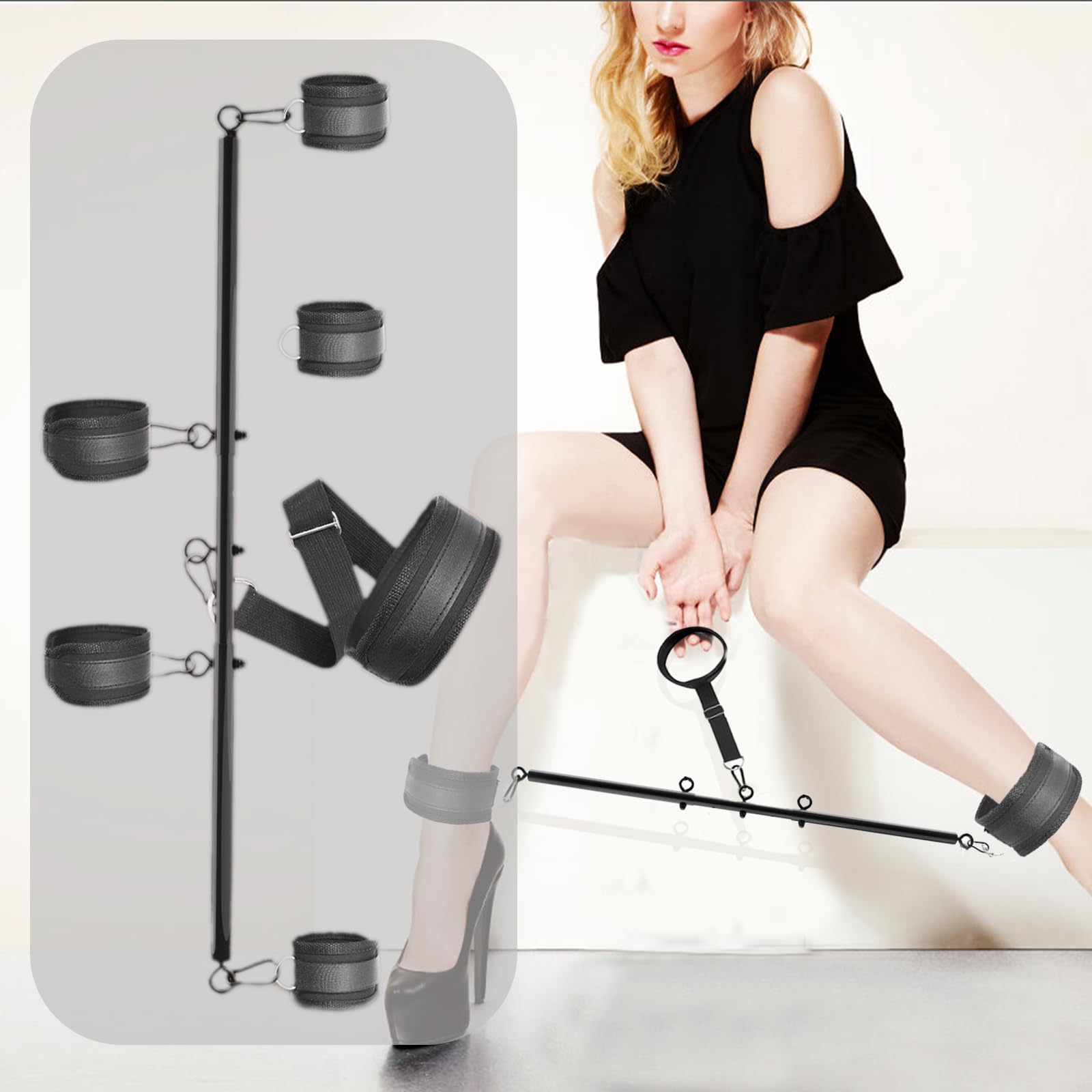 Menottes BDSM, Kit de bondage polyvalent de cou à poignet avec barre d'écartement, menottes et chevillères réglables, jouets sexuels pour couples, jouets sexuels pour adultes pour jeux SM (56-91 cm)
