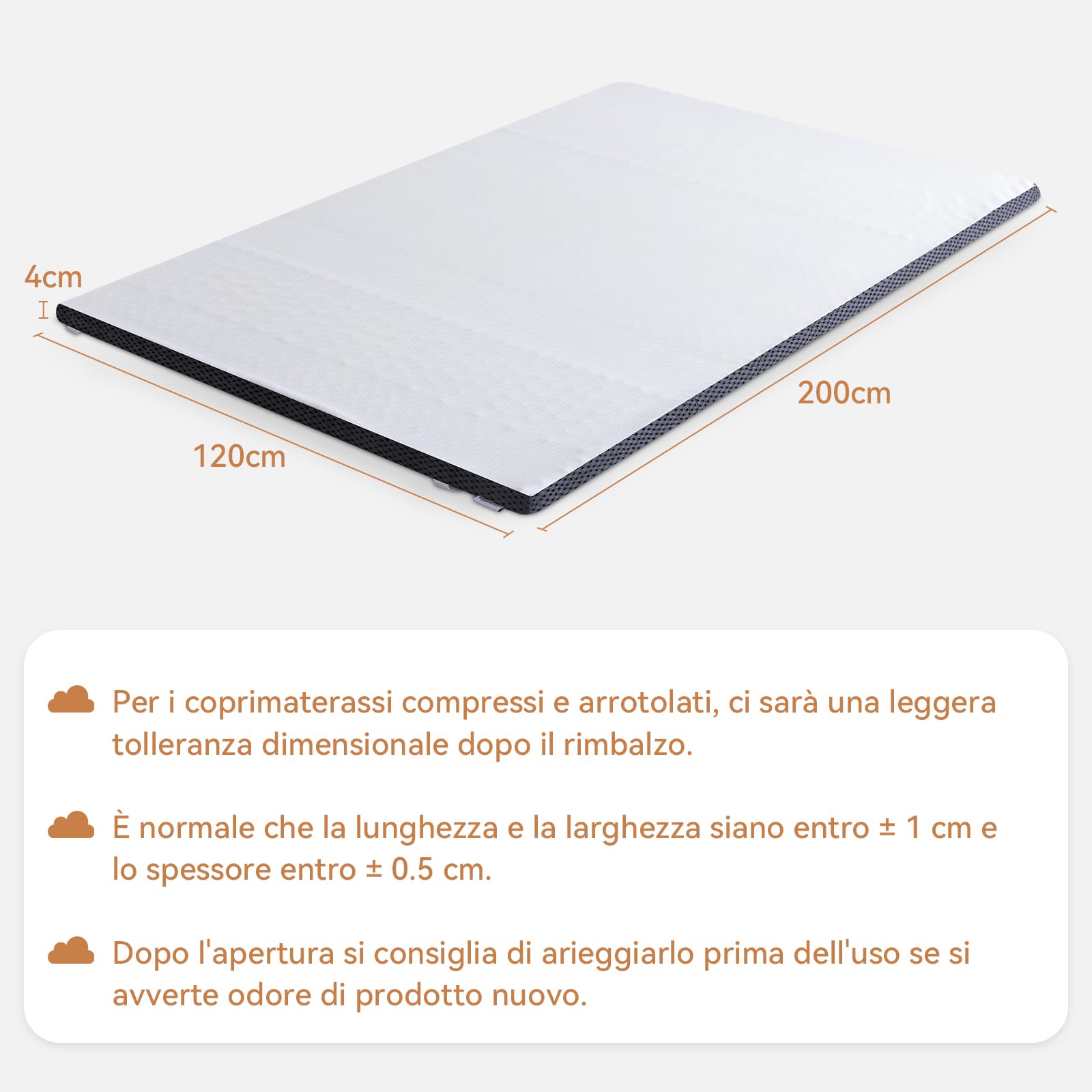 Amazon Basics Topper Piazza e Mezzo 120 x 200 cm in Memory Foam, 4 cm Coprimaterasso con Angoli Elastici, Bianco