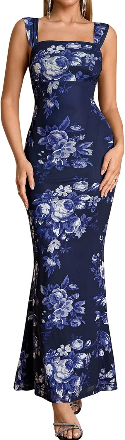 EYNMIN Women's Summer Floral Maxi Dress Square Neck Sleeveless Mesh Bodycon Long Wedding Guest Dresses