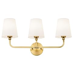 Bathroom Light Fixtures Brushed Gold Vanity Lights with Flared White Fabric Shade 3 Light Wall Sconce Modern Sconces
