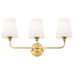 Bathroom Light Fixtures Brushed Gold Vanity Lights with Flared White Fabric Shade 3 Light Wall Sconce Modern Sconces