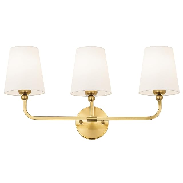 Bathroom Light Fixtures Brushed Gold Vanity Lights with Flared White Fabric Shade 3 Light Wall Sconce Modern Sconces
