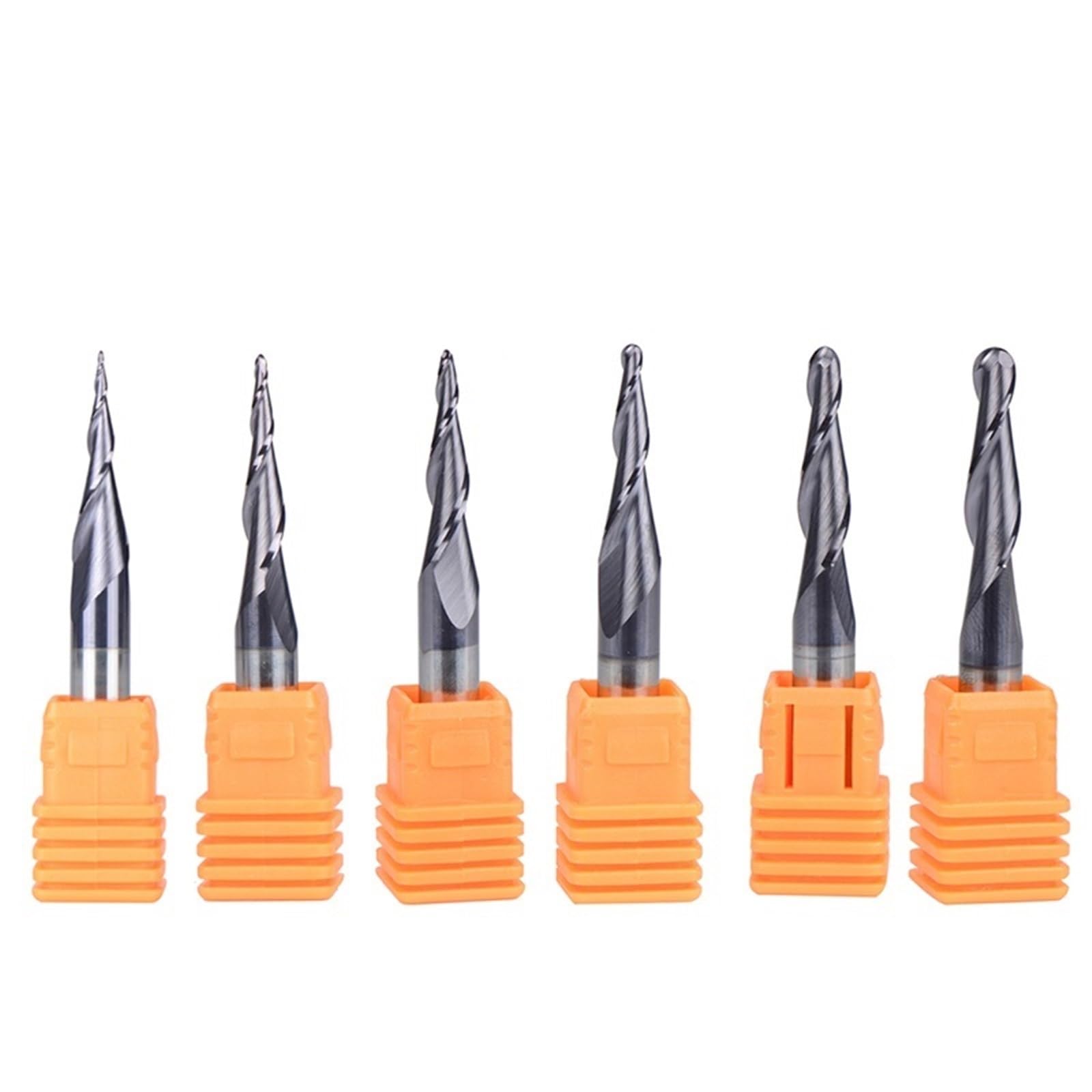 Stożkowy frez kulkowy, trzpień 6 mm, z węglika spiekanego, 2-ostrzowy, spiralny frez R0,25-R2, narzędzia do grawerowania metalu do obróbki drewna (zestaw 6 szt.)