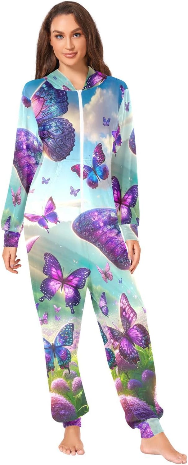 GAIREG Purple Butterflies Adult Womens Pajama Onesie, Plush Men Women Lounge Wear