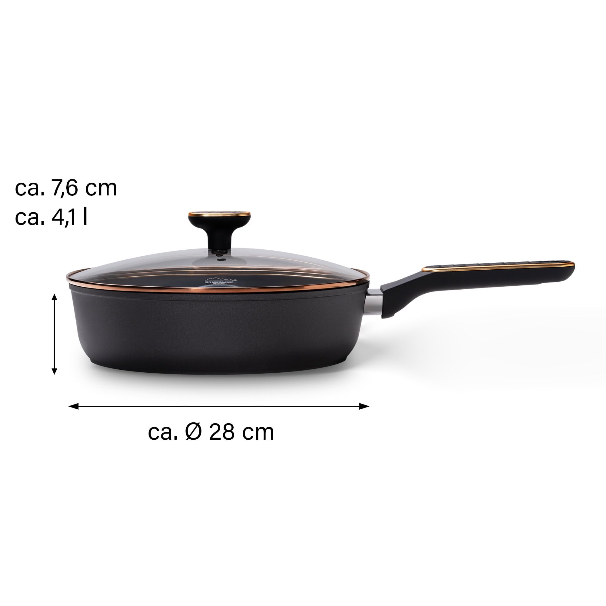 STONELINE Schmorpfanne 28 cm Antihaft Pfanne hoher Rand, Tiefe Pfanne mit Deckel Induktionspfanne Beschichtet mit echten Steinpartikeln, alle Herdarten Backofen, ohne Fett und Öl braten, Roségold