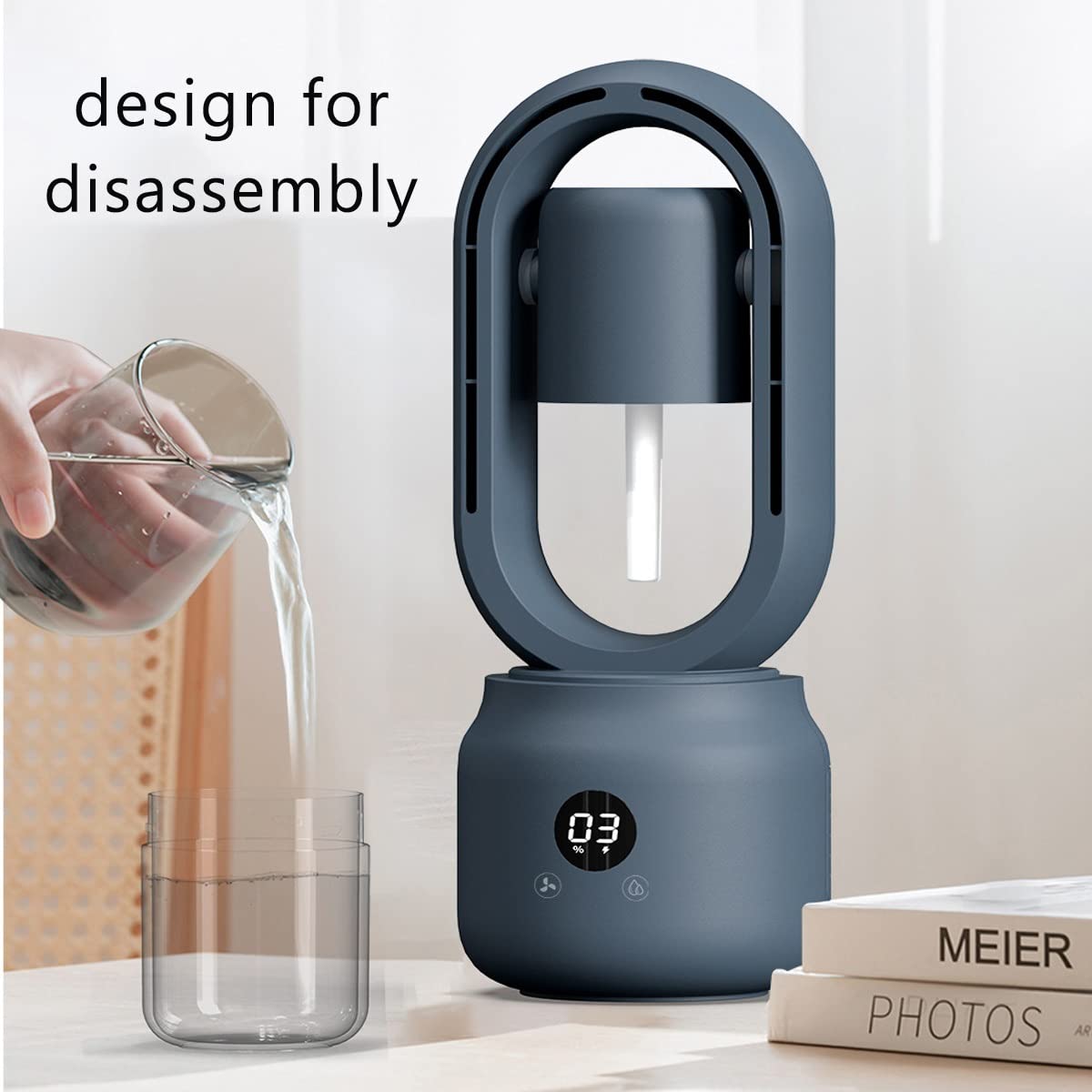 Ventilador sin aspas oscilante silencioso 3 en 1, ventilador de torre con tanque de agua, ventilador de mesa silencioso personal con luz nocturna pequeña, con pilas de 4000 mAh, regalos de verano ( Co