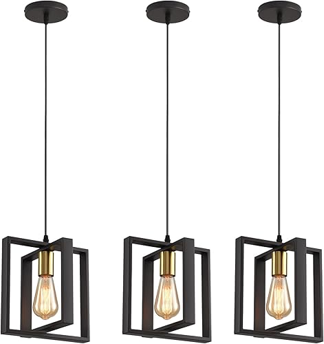 Miniatura 11 de Luces colgantes negras para isla de cocina, lámpara colgante de farol industrial con pantalla de vidrio transparente, iluminación colgante de altura