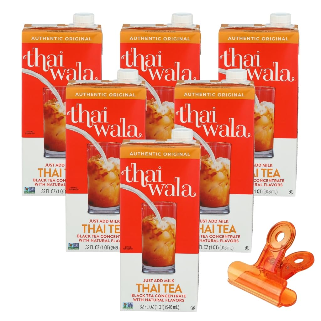Thaiwala Tea Concentrate Thai Original – 32 fl oz Bottles – Concentrate for Iced Mix and Milk – Iced Thai Tea with Food Bag Clips – Pack of 6