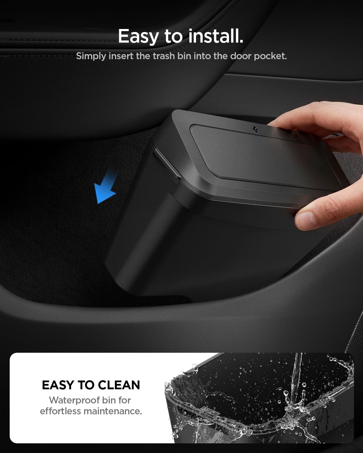 Spigen Tesla Model Y Juniper (2025-2026 Premium & Performance) Portarifiuti per Auto【Inclusi 50 sacchetti] Mini Pattumiera da Portiera Anteriore Lato Guida con Portaoggetti, Design Salvaspazio