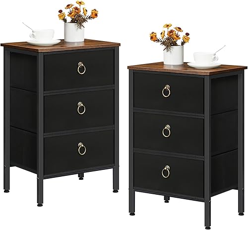 HOOBRO Mesita de noche, juego de 2, mesa auxiliar de 3 cajones, mesa auxiliar con cajones de tela, mesa auxiliar para sofá, marco de metal, gran