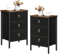HOOBRO 3-Drawer Bedside Table, Side Table, Fabric Drawers, End Table, Retro Industrial Style, Metal Frame, for Bedroom, Study, Office, Large Storage, Rustic Brown and Black BF59BZP201