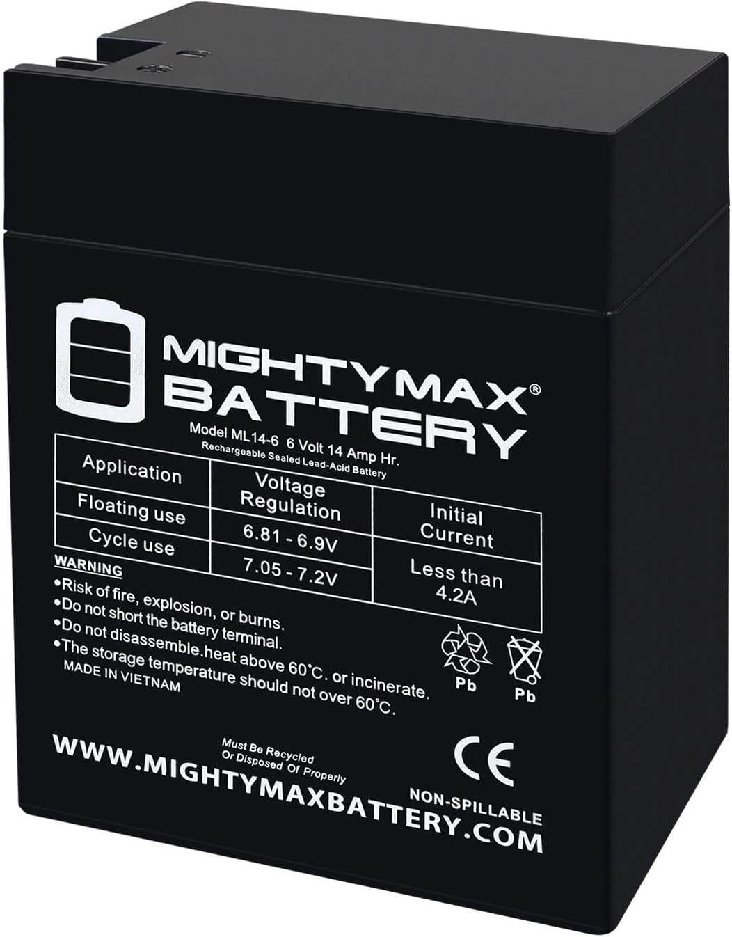 Mighty Max Battery 6V, 14Ah, AGM, Fast-on Terminal, Replacement Battery Compatible with Lithonia Lighting ELB 0614