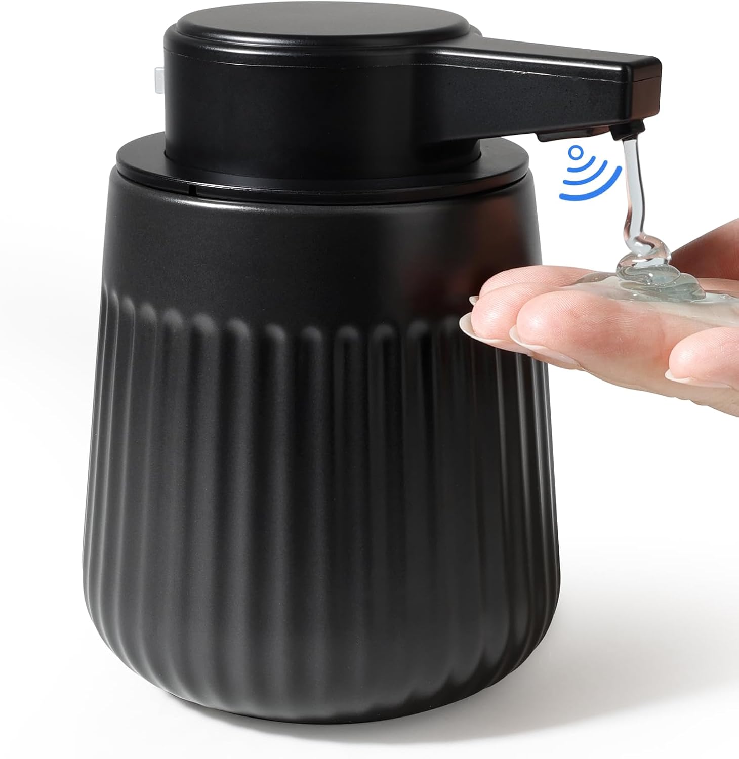 BosilunLife Ceramic Automatic Soap Dispenser with Extended Pump Nozzle, 3 Adjustable Levels, Touchless Lotion Liquid Hand Wash Dispenser for Bathroom & Kitchen, Striped Design, Black, 10oz