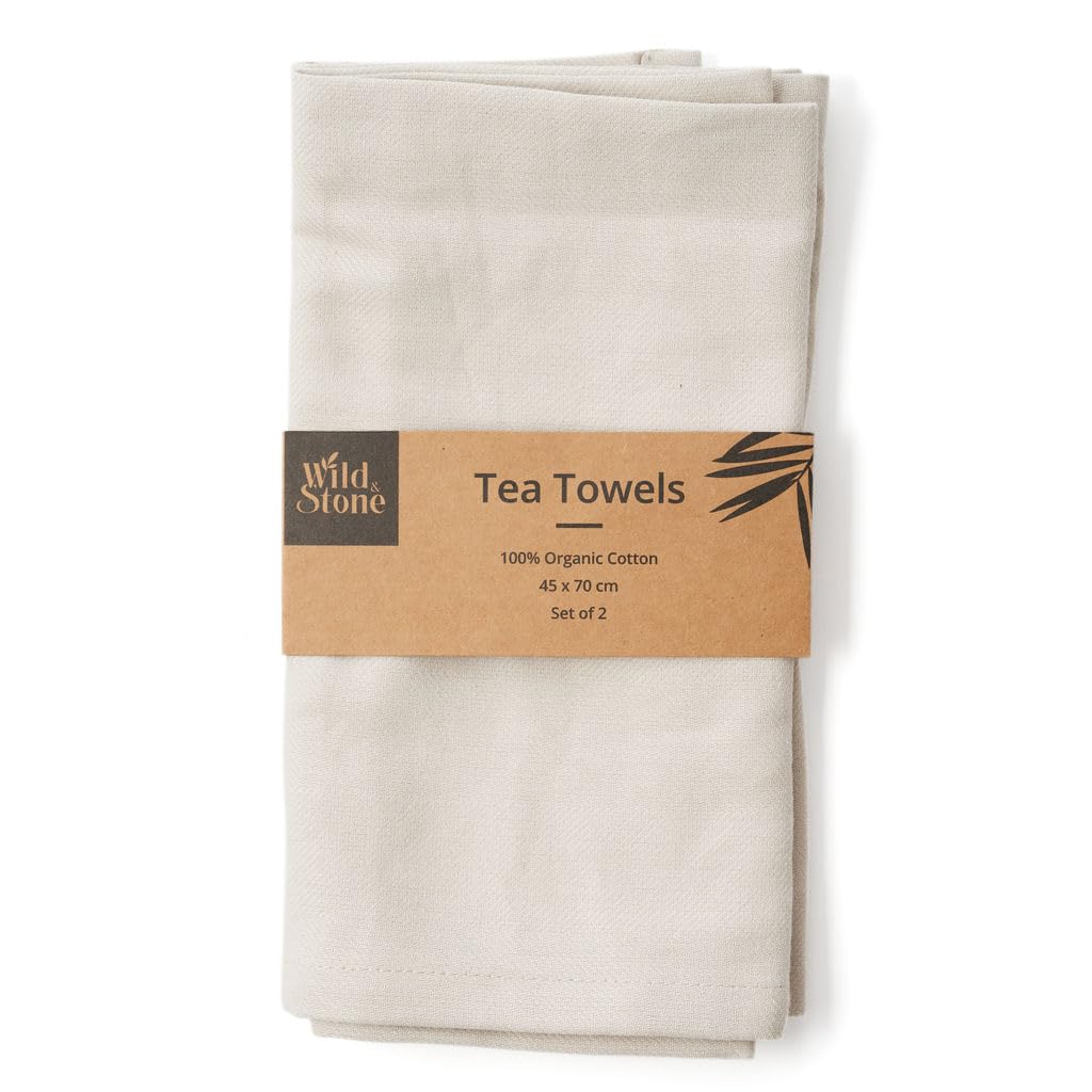Wild & Stone Moss Green | Organic Cotton Tea Towel | Herringbone Weave | Cotton Kitchen Towels | Set Of 2 (Beach Sand)