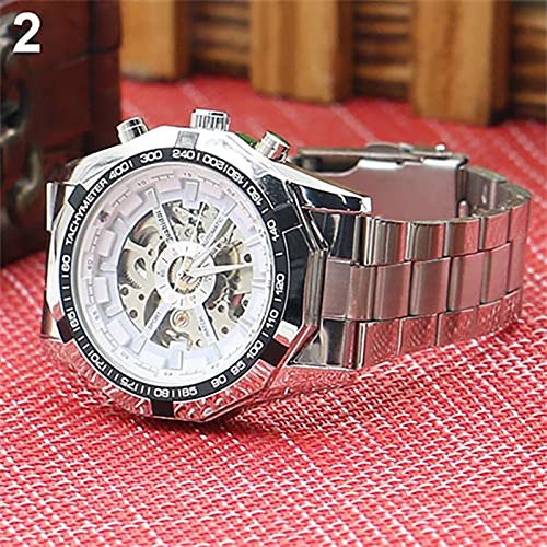 Remorui Men Hand-Winding Skeleton Automatic Mechanical Stainless Steel Sport Wrist Watch Luxury Business Wristwatch White