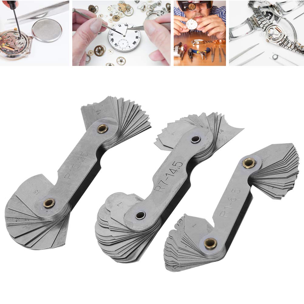 Jauge de rayon, jauge de rayon en acier inoxydable 3 pièces, outil de mesure d'arc interne convexe concave portable, outil de réparation de montre, dureté élevée, durable,