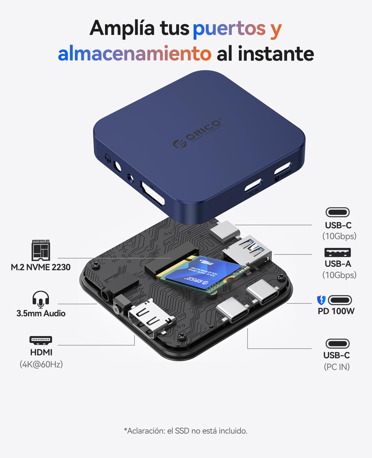 ORICO - Estación de Acoplamiento USB-C magnética, Carcasa SSD M.2 2230 NVMe, Docking Station 6 en 1 con HDMI 4K@60Hz, PD 100W, USB-A/USB-C 10Gbps, Audio, Hub USB-C Dockingstation para iPhone/Pro MAX