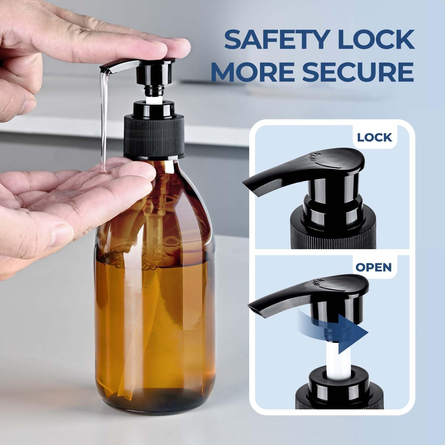 8 oz Glass Pump Bottle, 250ml Small Lotion Dispenser Bottle for Body Massage Oil, Refillable Empty Hand and Dish Soap Dispensers Set with Storage Caps, Labels - Amber & Clear, 2 Pack - Image 3