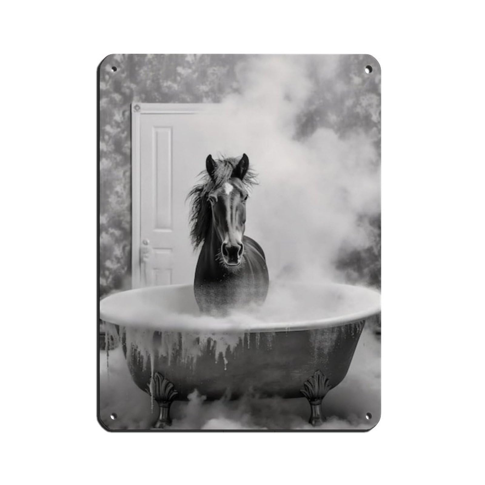 Adorable Horse in Tub Bathroom Art Poster Tin Sign Vintage Metal Pub Club Cafe Bar Home Wall Art Decoration Poster Retro 12x16inch(30x40cm)