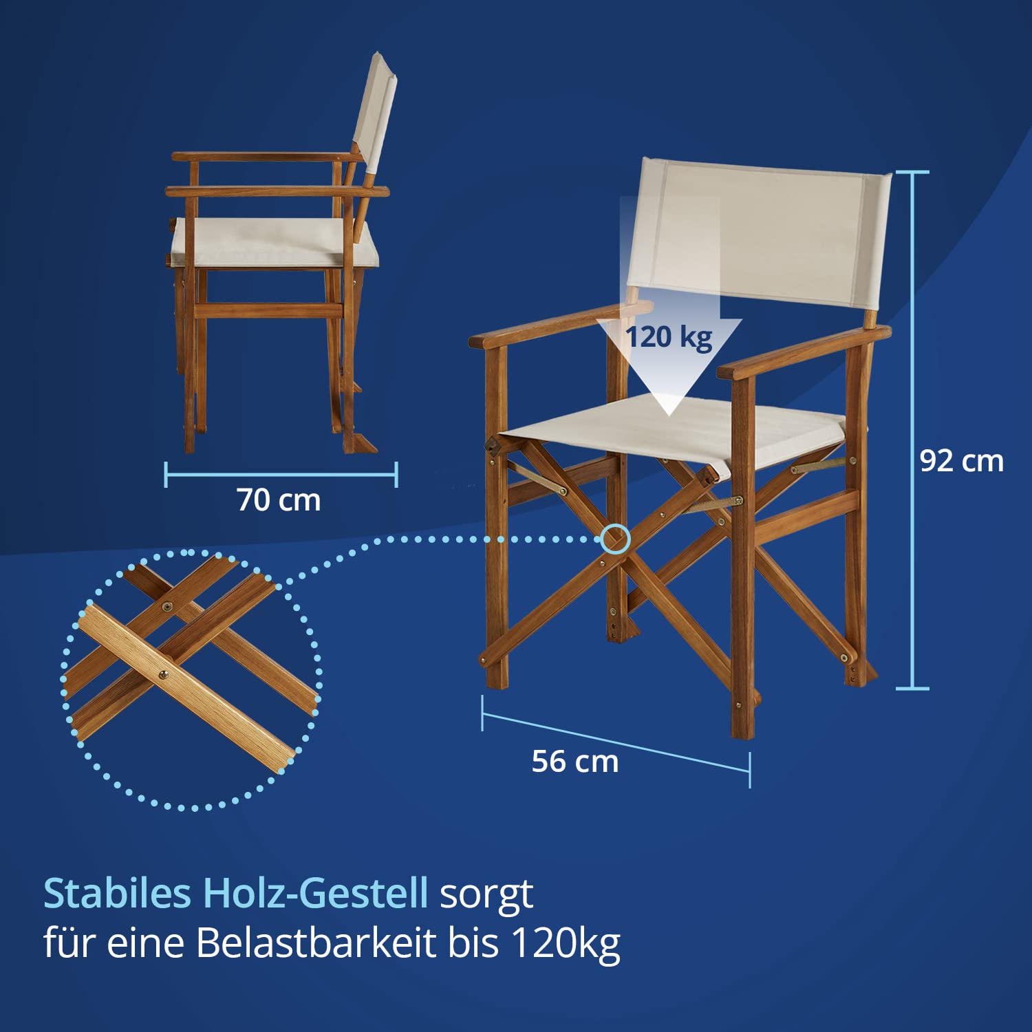 KHG Balkonstuhl 2er Set aus echtem Akazienholz geölt Regiestuhl mit Armlehnen 100% Polyesterbezug in Creme, wetterfest, platzsparend klappbar, 120kg belastbar