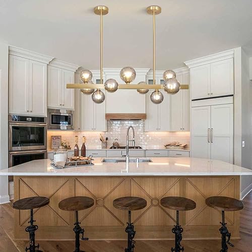 Miniatura 4 de BOKT Lámpara colgante lineal moderna de mediados de siglo, 9 luces de globo de vidrio gris humo, lámpara de araña lineal de latón, lámpara colgante