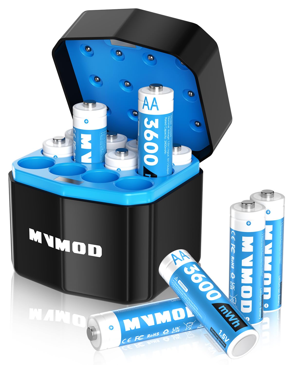 MVMOD Wiederaufladbare Lithium Akkus AA 12-Pack mit Ladegerät, 1,5V 3600mWh AA Wiederaufladbare Batterien mit Integrierter Schnelles Aufladen Aufbewahrungsbox (12er-Pack) Blau